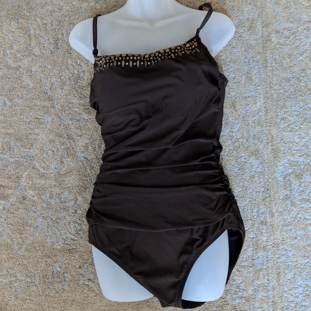 Land's End Bathing Suit Brown One Piece Ruched
